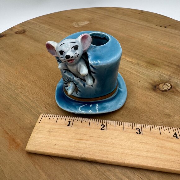 Vintage Mouse in Blue Hat Toothpick Holder Stamped on bottom Japan blue gray - Picture 12 of 12